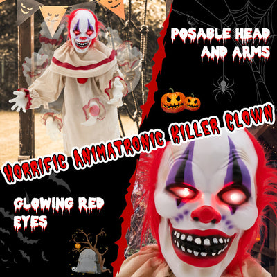 5 FT Grins Animatronic Killer Clown Halloween Decoration with Glowing Red Eyes