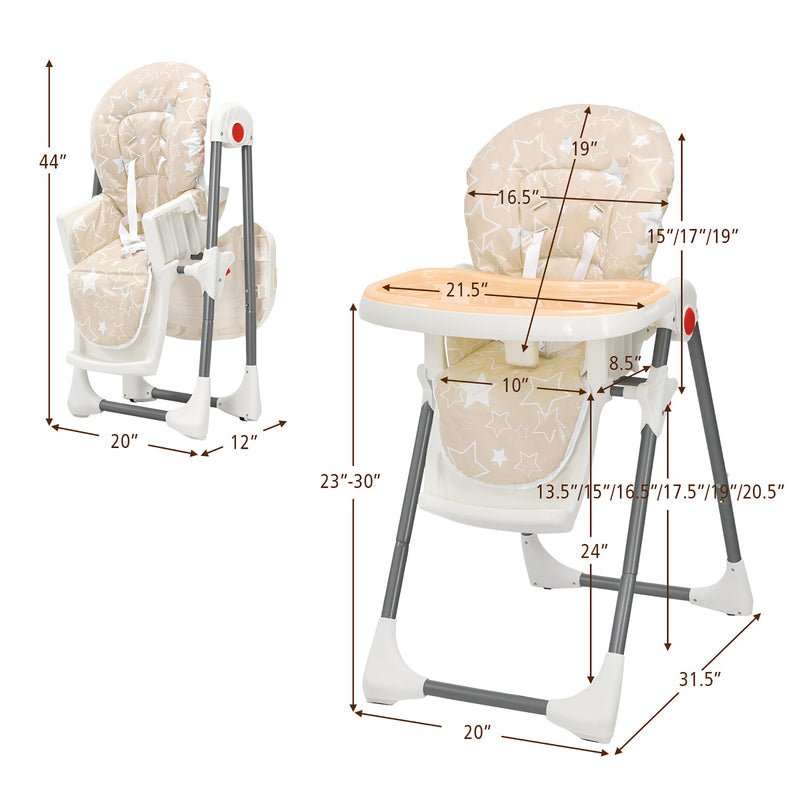 Folding Baby High Chair Dining Chair w/ 6-Level Height Adjustment Beige