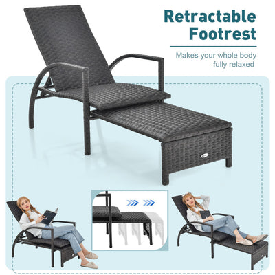 Patio Chaise Lounge Outdoor Rattan Lounge Chair with Retractable Ottoman