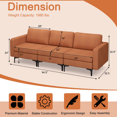 3-Seat Sectional Sofa Couch with Armrest Magazine Pocket and Metal Leg--Orange