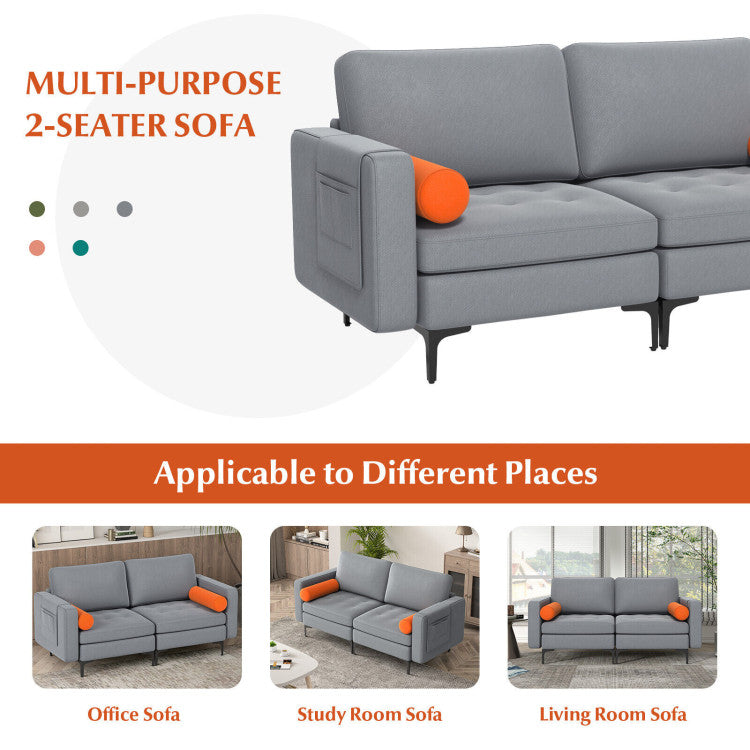 Modern Loveseat Sofa with 2 Bolsters and Side Storage Pocket