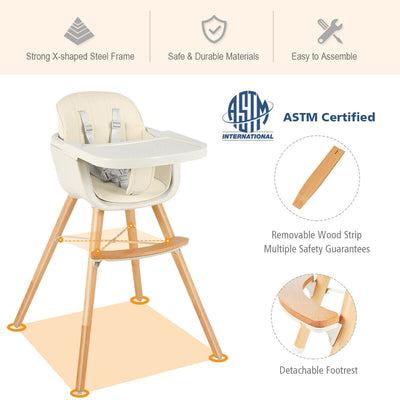 3 in 1 Convertible Wooden Baby High Chair with Cushion