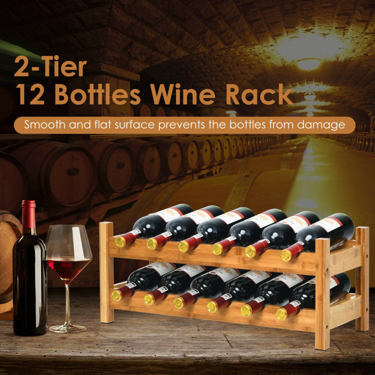 2-Tier Natural 12 Bottles Bamboo Storage Shelf  Wine Rack