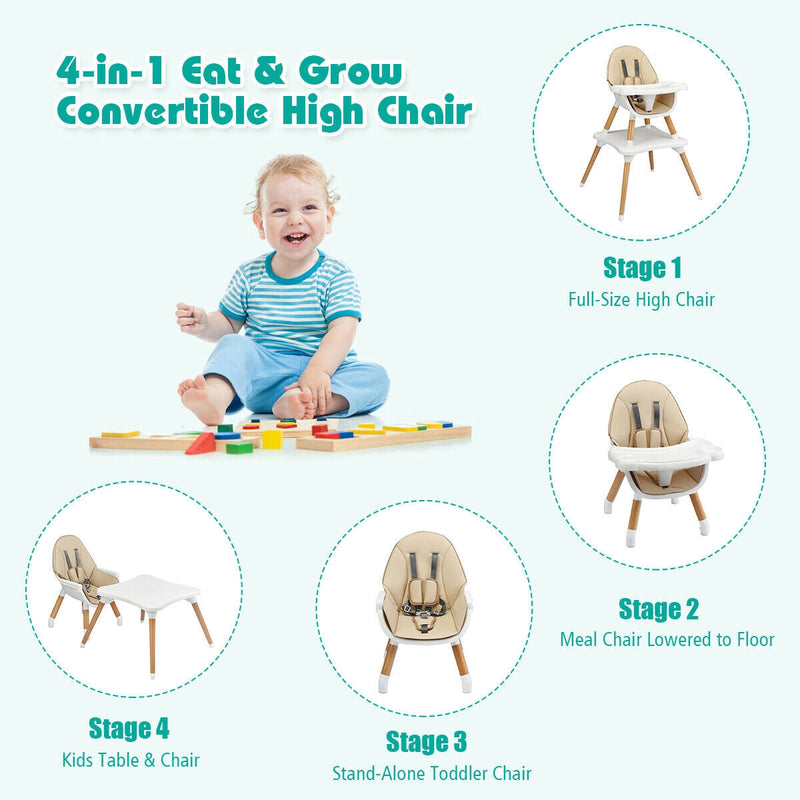 4 in 1 Convertible Baby High Chair with Detachable Tray and Removable Cushion