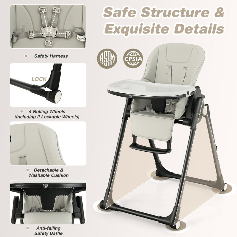 4-in-1 Foldable Baby High Chair Height Adjustable Feeding Chair w/ Wheels Grey