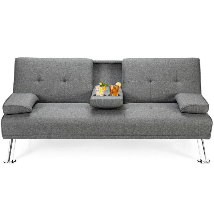 Convertible Folding Futon Sofa Bed Fabric with 2 Cup Holders--Light Gray