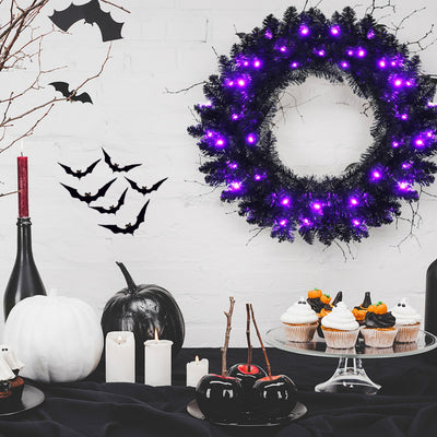 24 Inch Pre-lit Halloween Wreath with 35 Purple LED Lights