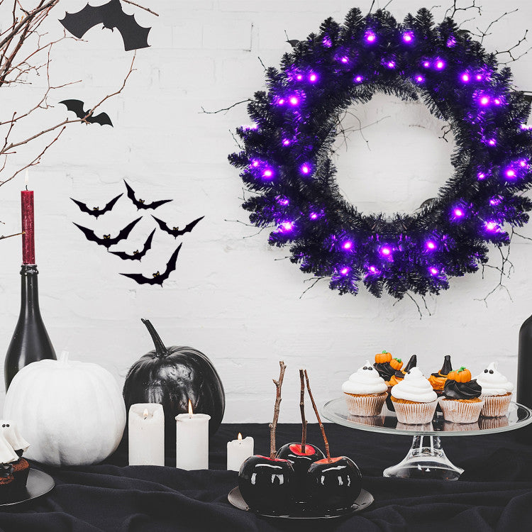 24 Inch Pre-lit Halloween Wreath with 35 Purple LED Lights