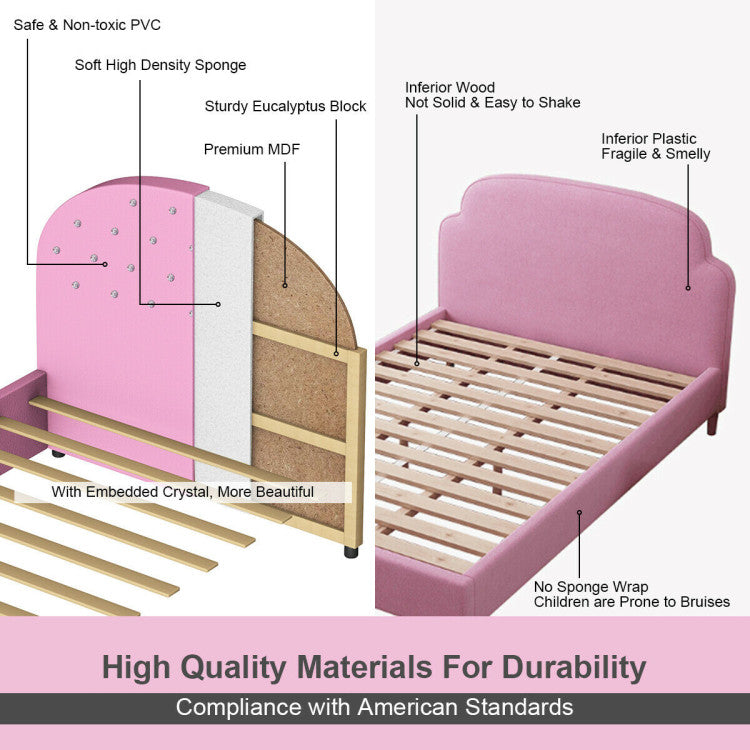 Twin Size Upholstered Platform Toddler Bed with Wood Slat Support