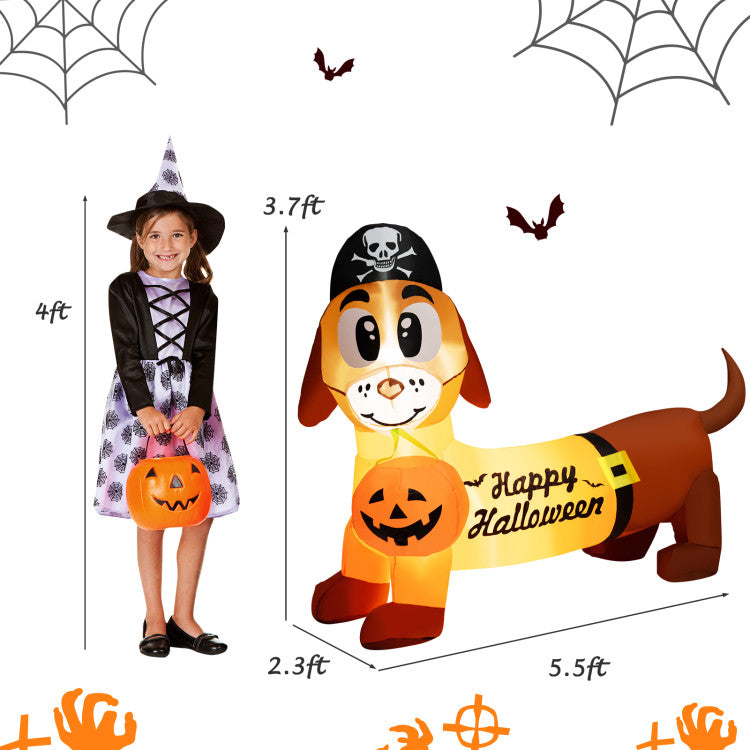 5.5 Feet Halloween Inflatable Dachshund Blow-up Dog with Pirate Hat and Pumpkin