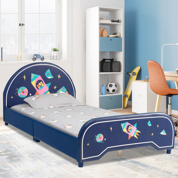 Kids Twin Size Upholstered Platform Bed with Rocket Pattern