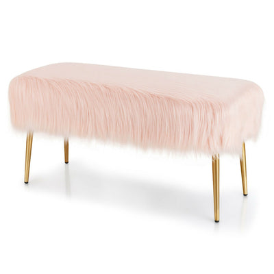 Faux Fur Vanity Stool with Golden Metal Legs for Makeup Room-Pink