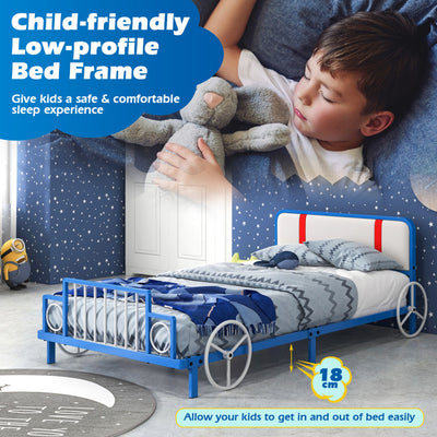 Twin Size Kids Bed Frame Car Shaped Metal Platform Bed with Upholstered Headboard