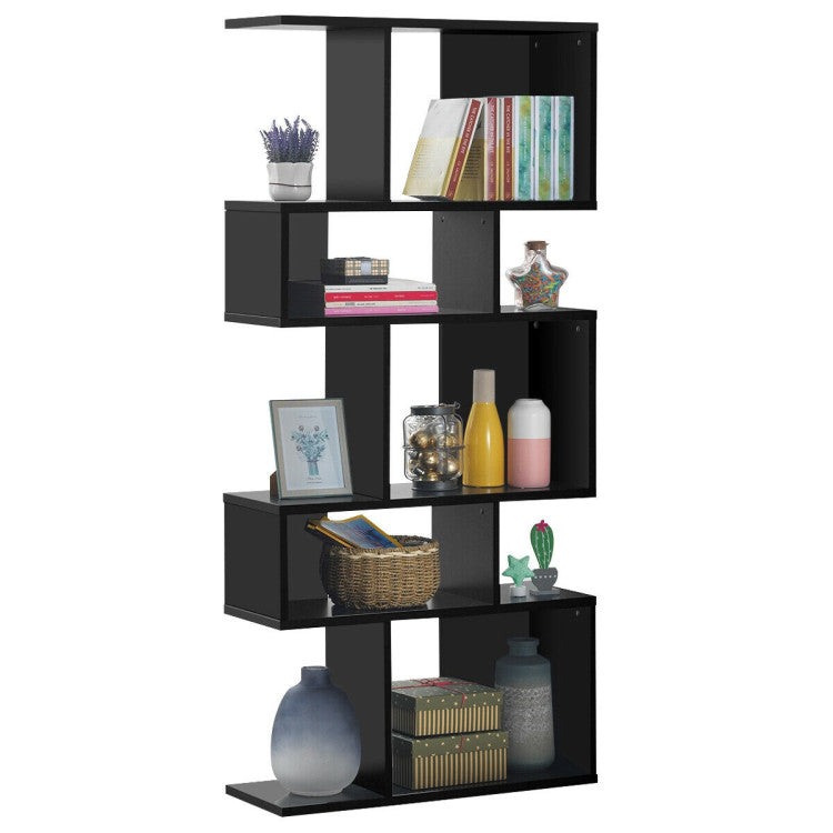 5-Tier Wood Geometric Bookshelf with S Shaped Design