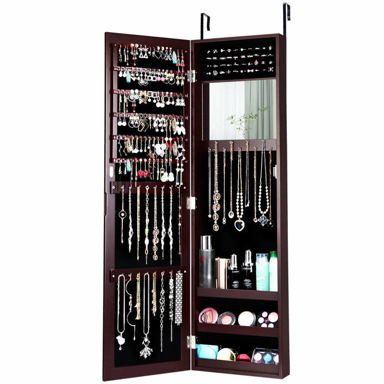 Full Length Mirror Jewelry Cabinet with Ring Slots and Necklace Hooks