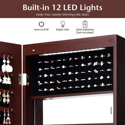 Lockable Wall Door Mounted Mirror Jewelry Cabinet with LED Lights