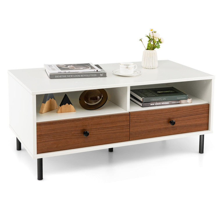 2 Tier 40 Inch Length Modern Rectangle Coffee Table with Storage Shelf and Drawers