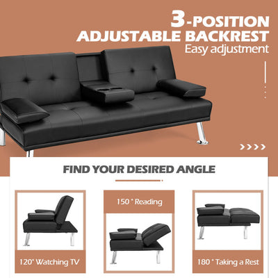 Convertible Folding Leather Futon Sofa with Cup Holders and Armrests--Black