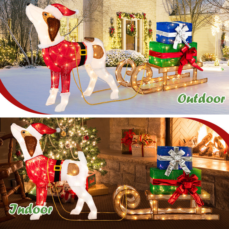 Outdoor Pre-lit Xmas Dog and Sleigh with 170 Warm Bright Lights for Porch