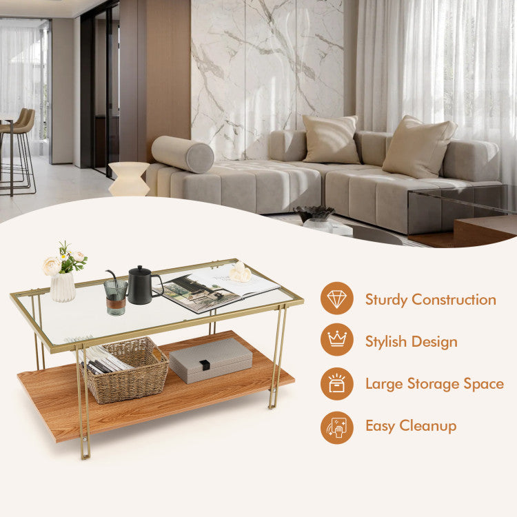 2 Tiers Rectangle Glass Coffee Table with White and Gold Steel Frame