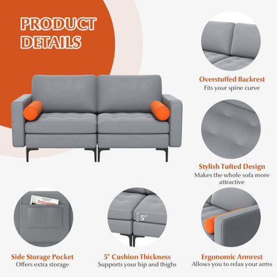 Modern Loveseat Sofa with 2 Bolsters and Side Storage Pocket