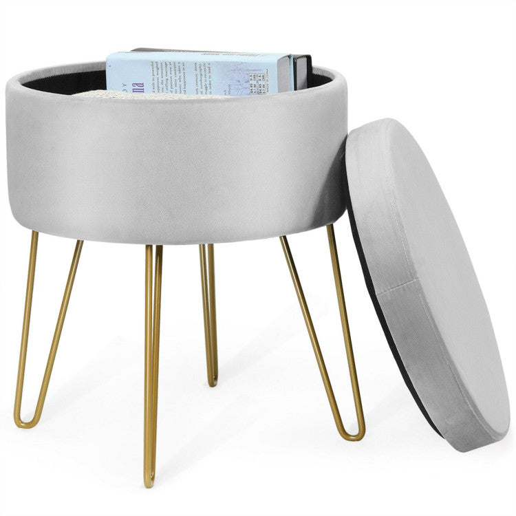 Copy of Round Velvet Storage Ottoman Footrest Stool Vanity Chair with Metal Legs--Gray