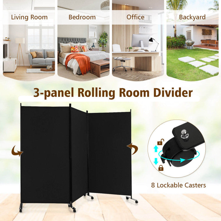 3 Panel Folding Room Divider with Lockable Wheels