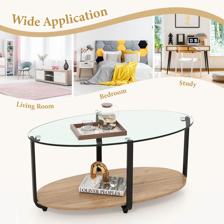 2-Tier Glass-Top Oval Coffee Table with Wooden Shelf for Living Room