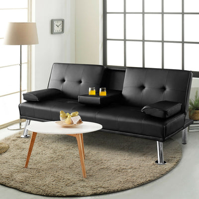 Convertible Folding Leather Futon Sofa with Cup Holders and Armrests--Black