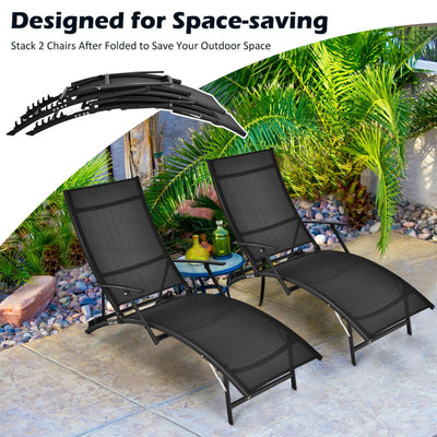 2 Pieces Patio Folding Stackable Lounge Chair Chaise with Armrest