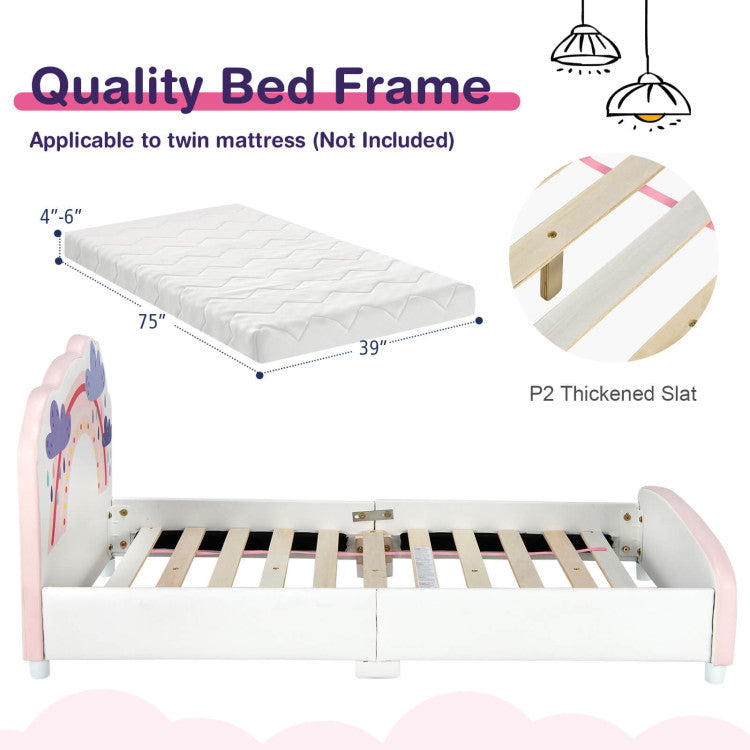 Kids Twin Size Upholstered Platform Wooden Bed with Rainbow Pattern