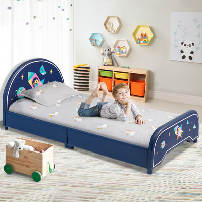 Kids Twin Size Upholstered Platform Bed with Rocket Pattern