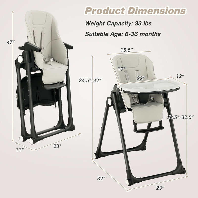 4-in-1 Foldable Baby High Chair Height Adjustable Feeding Chair w/ Wheels Grey