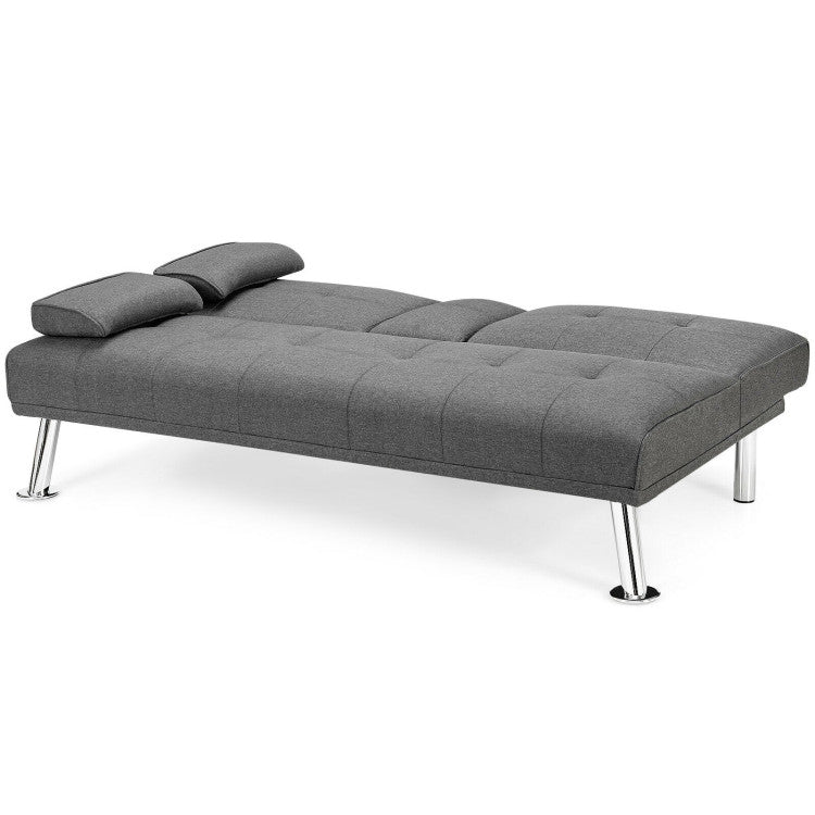 Convertible Folding Futon Sofa Bed Fabric with 2 Cup Holders--Light Gray