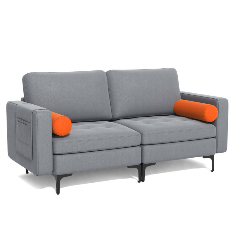 Modern Loveseat Sofa with 2 Bolsters and Side Storage Pocket