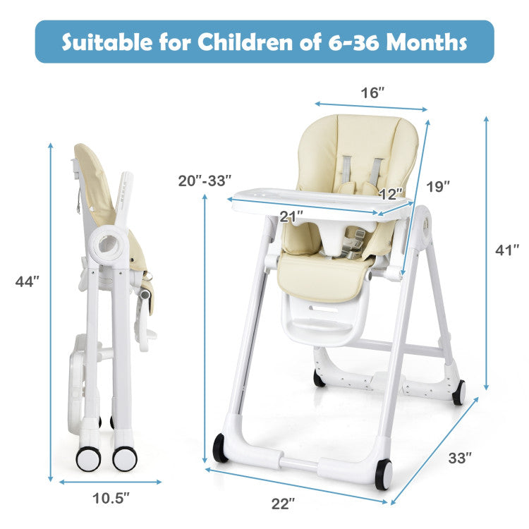 Baby Folding Convertible High Chair with Wheels and Adjustable Height