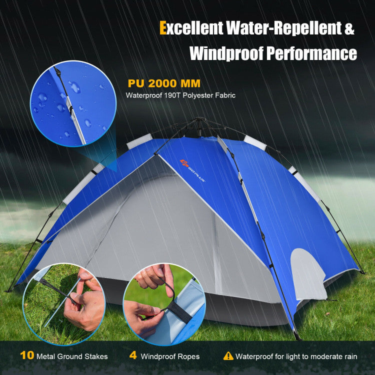 2-in-1 4 Person Instant Pop-up Waterproof Camping Tent--Blue