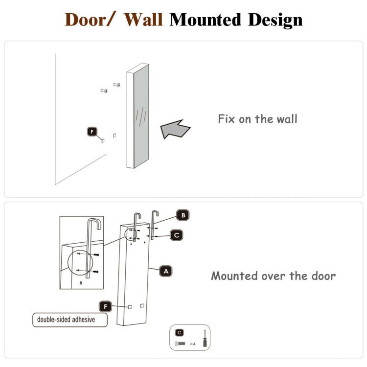 Wall and Door Mounted Mirrored Jewelry Cabinet with Lights