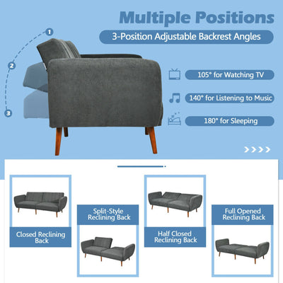 Convertible Futon Sofa Bed Adjustable Couch Sleeper with Wood Legs--Gray