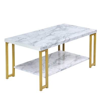 2-Tier Rectangular Modern Coffee Table with Gold Print Metal Frame