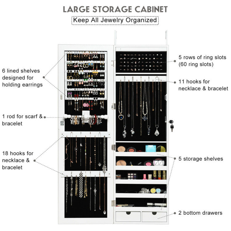 Door Mounted Lockable Mirrored Jewelry Cabinet with LED Lights