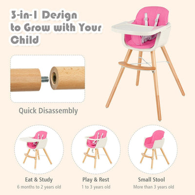 3 in 1 Convertible Cushioned Wooden Baby High Chair with Cushion