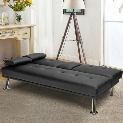 Convertible Folding Leather Futon Sofa with Cup Holders and Armrests--Black