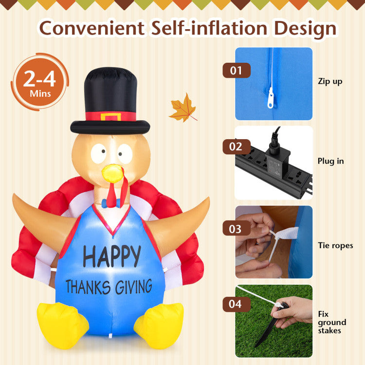 6 Feet Thanksgiving Inflatable Turkey Harvest Day Decoration with Lights for Lawn