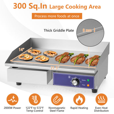 Commercial Electric Griddle with 122℉-572℉ Adjustable Temperature Control