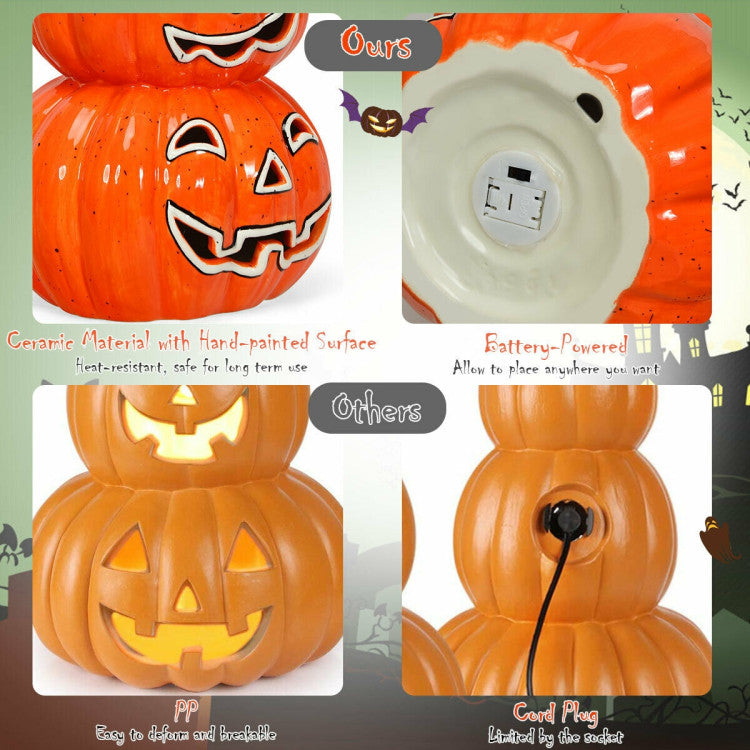 Halloween 3-Tier Color-Changing Lighted Ceramic Pumpkin Lantern