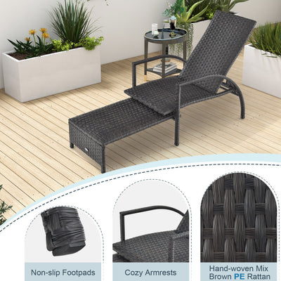 Patio Chaise Lounge Outdoor Rattan Lounge Chair with Retractable Ottoman