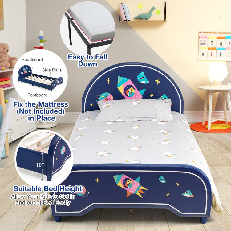 Kids Twin Size Upholstered Platform Bed with Rocket Pattern