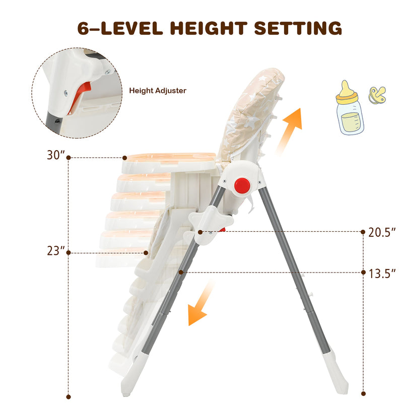 Folding Baby High Chair Dining Chair w/ 6-Level Height Adjustment Beige