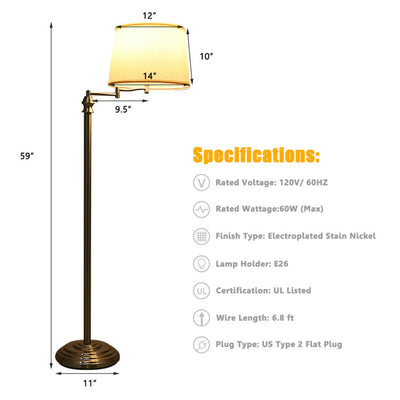 Swing Arm LED Floor Lamp with Hanging Fabric Shade